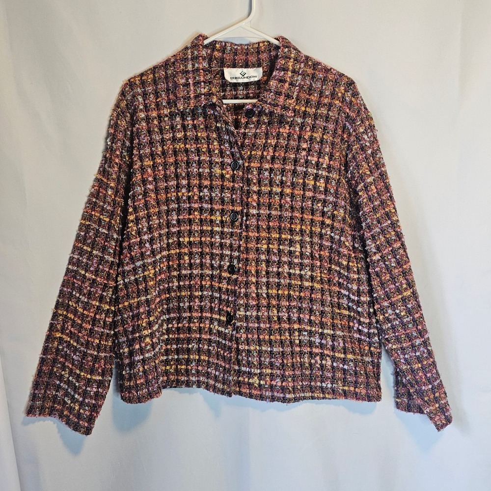 Erin London Tweed Jacket Women's Multicolor Button Front Long Sleeve Career DESC